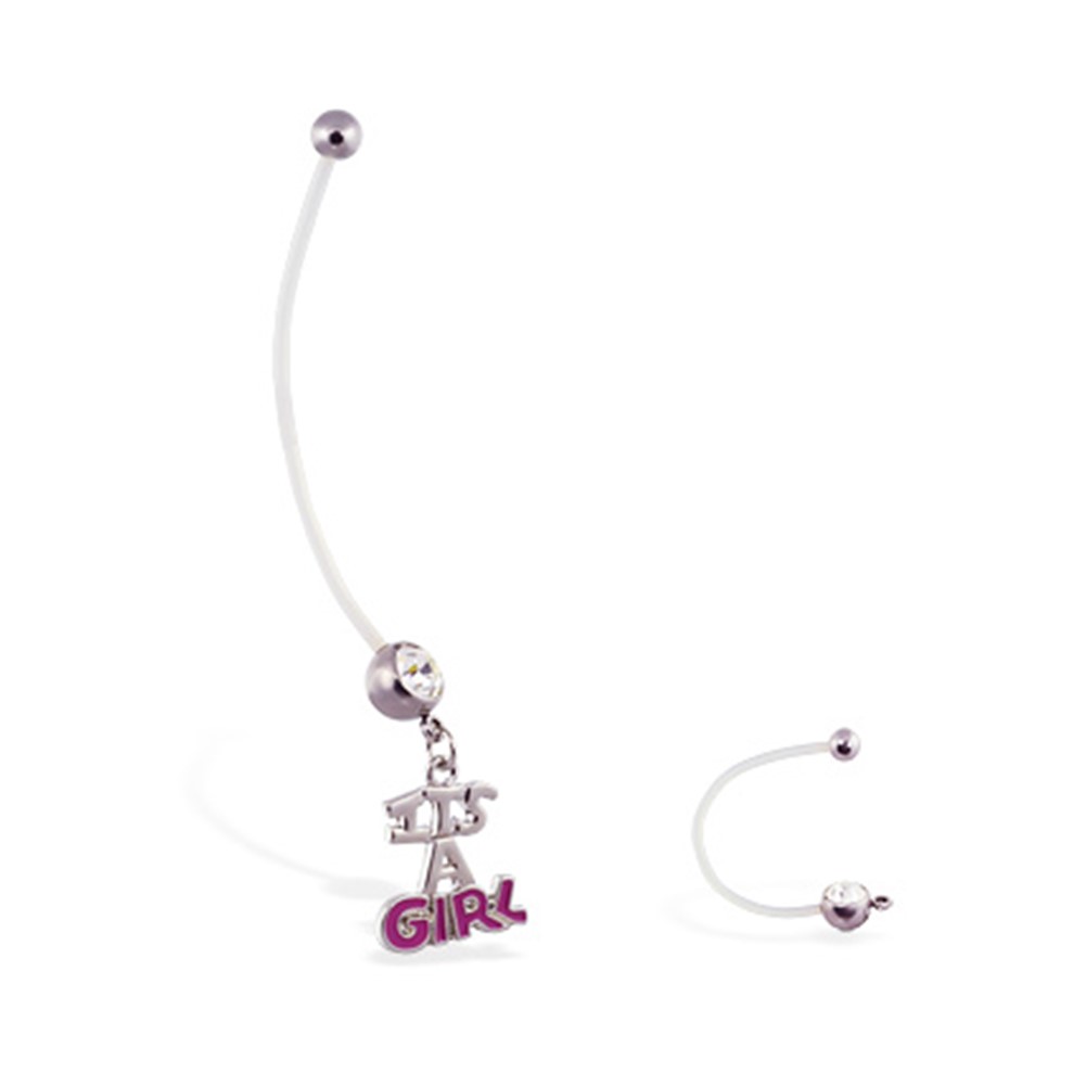 Super Long Flexible Bioplast Belly Ring With Dangling jeweled Baby