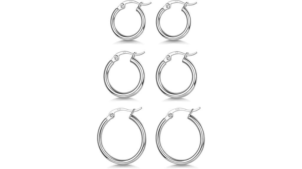 three sterling silver hoops