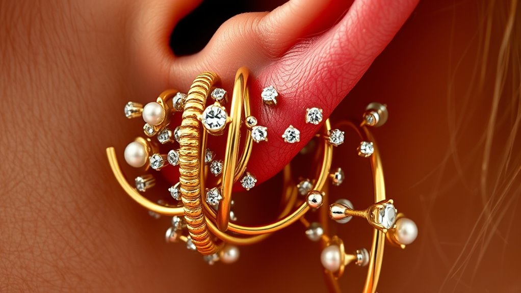layered stud and hoop earrings
