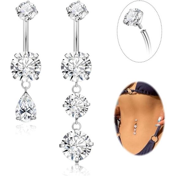 2Pcs Surgical Steel Dangle Belly Button Ring