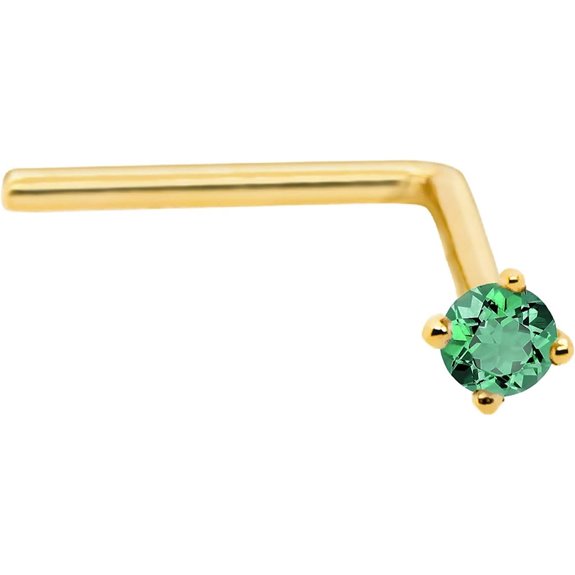 14K Gold L-Shape Nose Stud with Emerald Gemstone