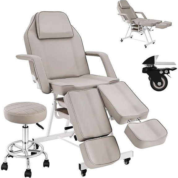 Grey Tattoo Chair with Wheels and Adjustable Footrests