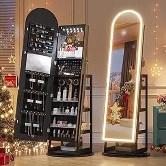 LVSOMT LED Mirror Jewelry Cabinet with Lock & Light