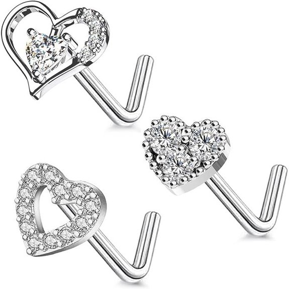 3Pcs 20G Stainless Steel Heart Nose Rings