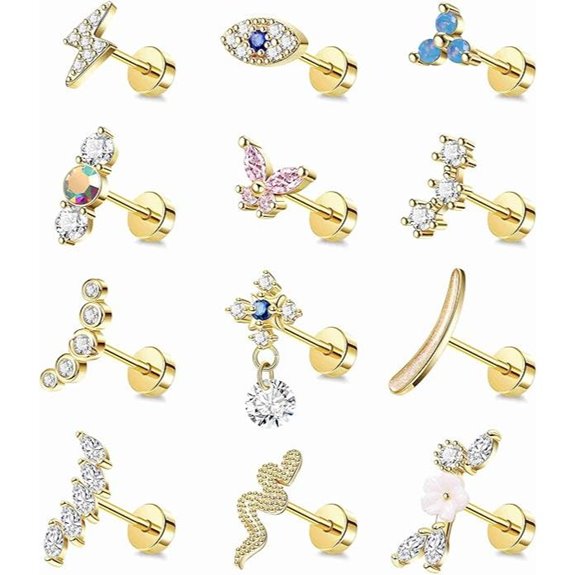 12PCS 14K Gold Cartilage and Helix Earrings Set