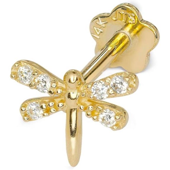 Jewelryweb 14k Gold CZ Dragonfly Cartilage Piercing