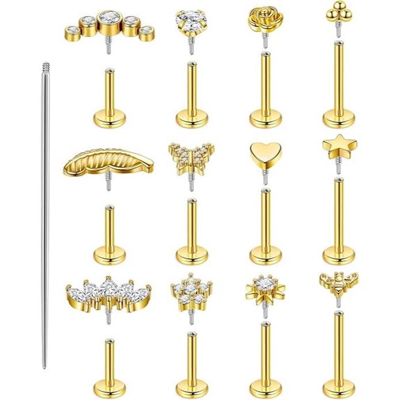 12Pcs 16G/18G Gold Plated Cartilage Stud Earrings