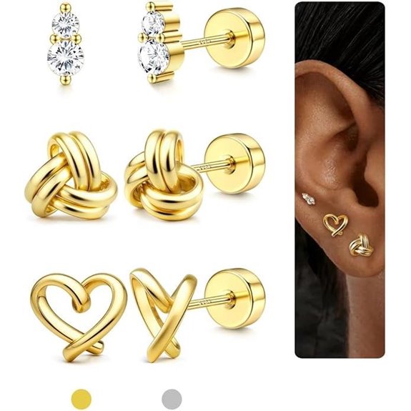 18K Gold Plated Sterling Silver Stud Earrings Set