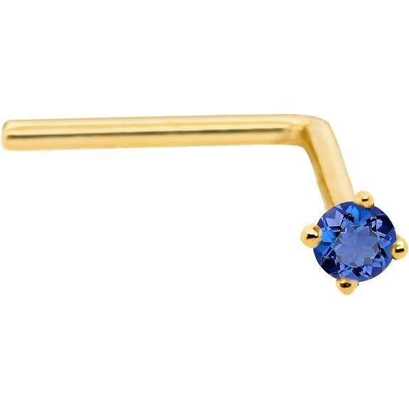 14K Gold L-Shape Nose Stud with Blue Sapphire Gem