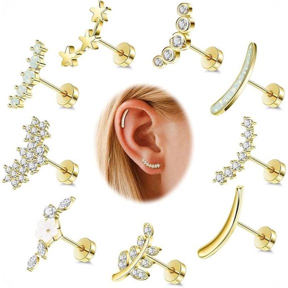 9Pcs 14K Gold Stainless Steel Cartilage Earrings