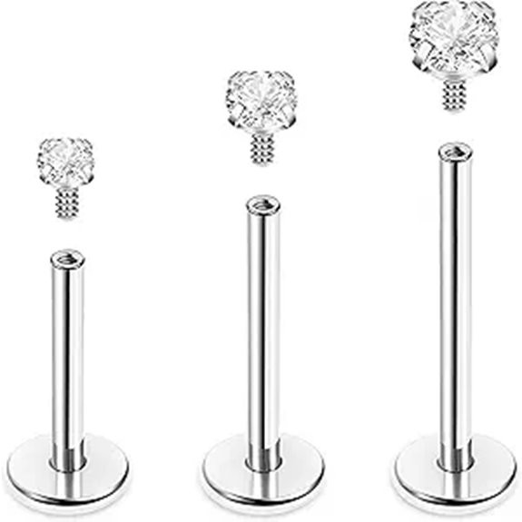 REVOLIA Titanium Labret Lip Studs with CZ (3 Pack)