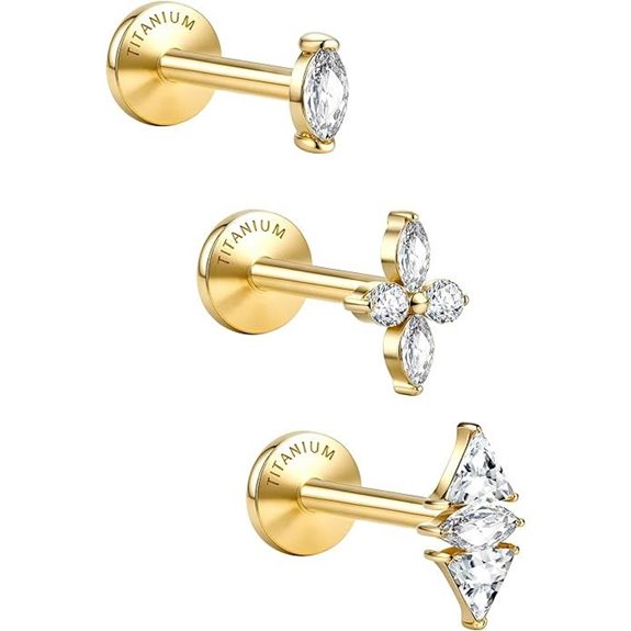 G23 Titanium 18G Flat Back Earrings 3 Pcs Gold